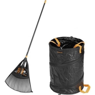 Fiskars Solid Zestaw Ogrodowy Grabie XL + Kosz na liście składany 56L